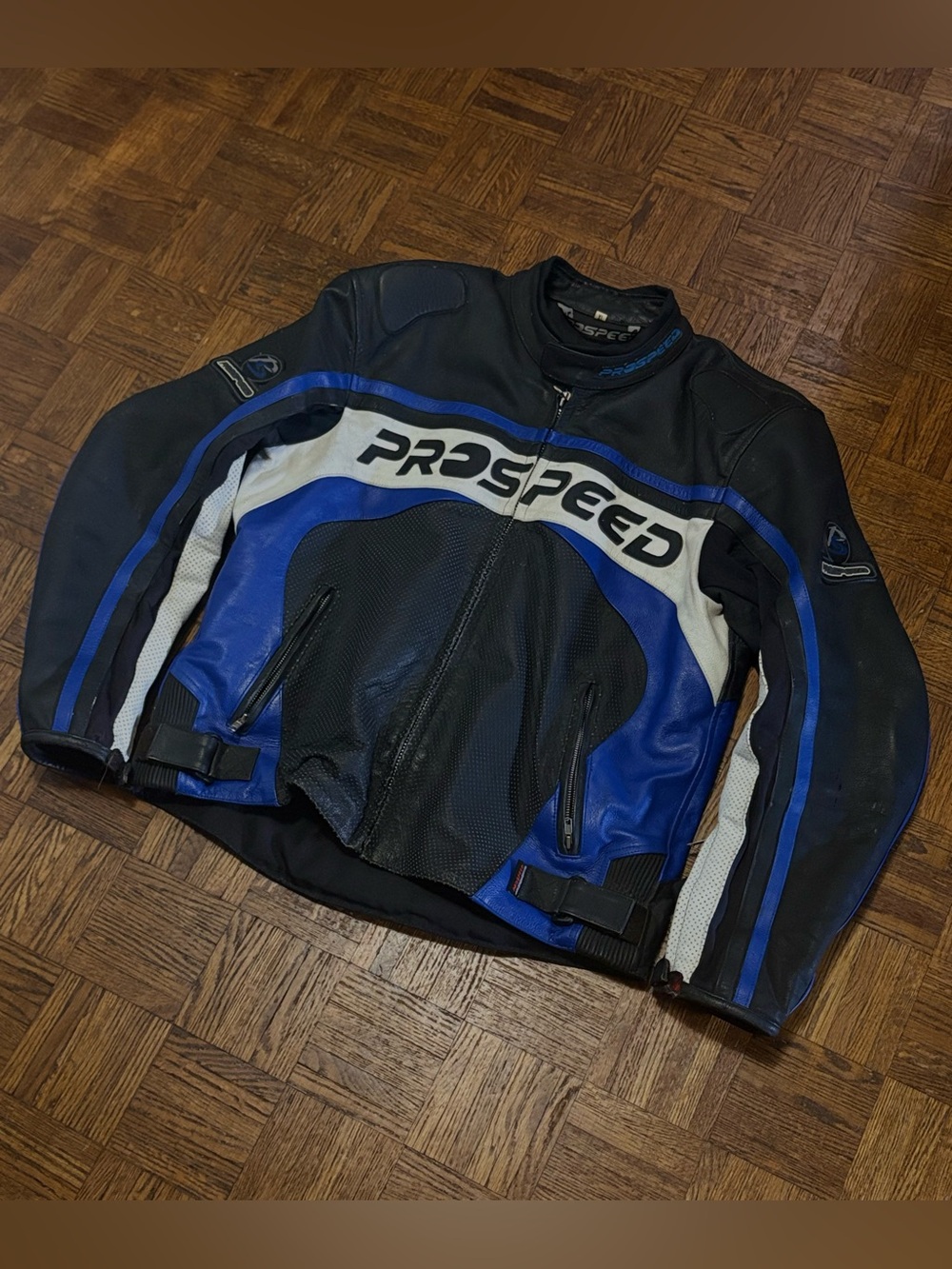 Vintage Y2K Prospeed Men's Blue and Black Motorcycle Jacket